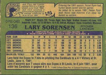 1982 O-Pee-Chee #136 Lary Sorensen Back