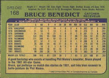 1982 O-Pee-Chee #168 Bruce Benedict Back