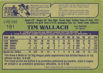 1982 O-Pee-Chee #191 Tim Wallach Back