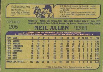 1982 O-Pee-Chee #205 Neil Allen Back