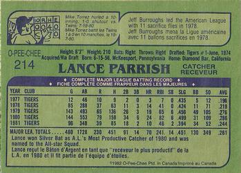 1982 O-Pee-Chee #214 Lance Parrish Back
