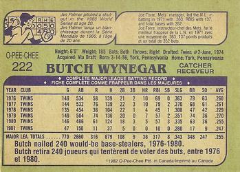 1982 O-Pee-Chee #222 Butch Wynegar Back