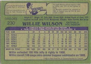1982 O-Pee-Chee #230 Willie Wilson Back