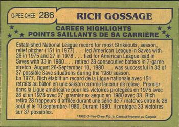 1982 O-Pee-Chee #286 Rich Gossage Back