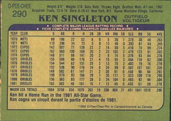 1982 O-Pee-Chee #290 Ken Singleton Back