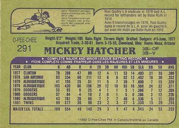 1982 O-Pee-Chee #291 Mickey Hatcher Back