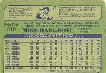 1982 O-Pee-Chee #310 Mike Hargrove Back