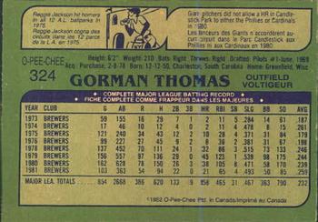 1982 O-Pee-Chee #324 Gorman Thomas Back