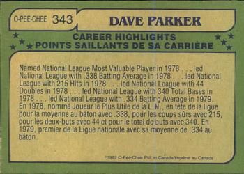 1982 O-Pee-Chee #343 Dave Parker Back