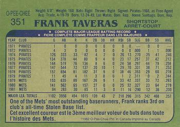 1982 O-Pee-Chee #351 Frank Taveras Back