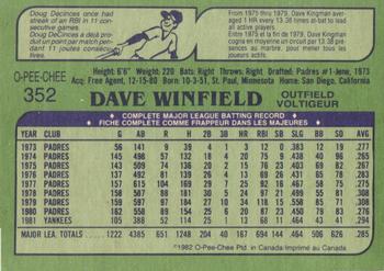 1982 O-Pee-Chee #352 Dave Winfield Back
