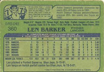 1982 O-Pee-Chee #360 Len Barker Back
