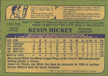 1982 O-Pee-Chee #362 Kevin Hickey Back