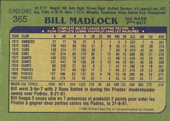 1982 O-Pee-Chee #365 Bill Madlock Back