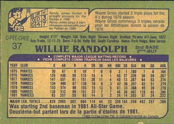 1982 O-Pee-Chee #37 Willie Randolph Back