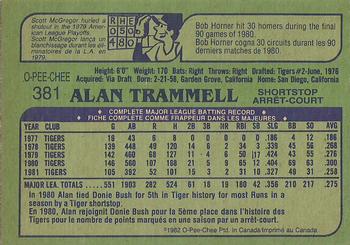 1982 O-Pee-Chee #381 Alan Trammell Back