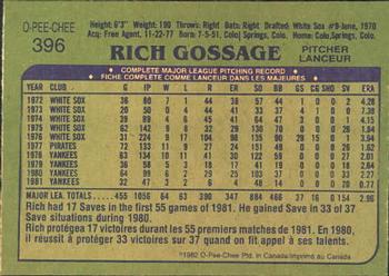 1982 O-Pee-Chee #396 Rich Gossage Back