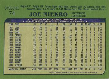 1982 O-Pee-Chee #74 Joe Niekro Back
