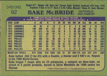 1982 O-Pee-Chee #92 Bake McBride Back