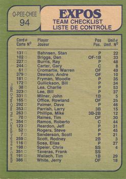 1982 O-Pee-Chee #94 Expos Leaders / Checklist (Warren Cromartie / Bill Gullickson) Back