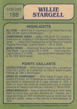 1982 O-Pee-Chee #188 Willie Stargell Back