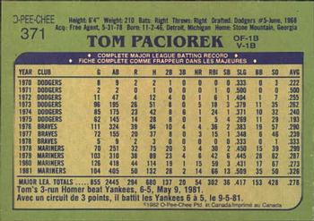 1982 O-Pee-Chee #371 Tom Paciorek Back