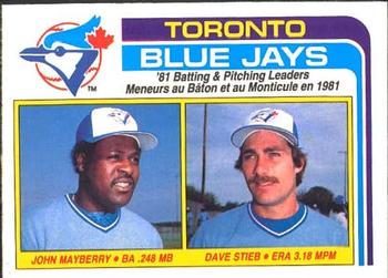 1982 O-Pee-Chee #53 Blue Jays Leaders / Checklist (John Mayberry / Dave Stieb) Front
