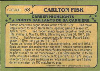 1982 O-Pee-Chee #58 Carlton Fisk Back