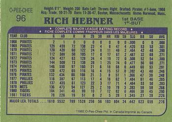1982 O-Pee-Chee #96 Rich Hebner Back