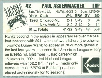 1994 Kodak Chicago White Sox #NNO Paul Assenmacher Back
