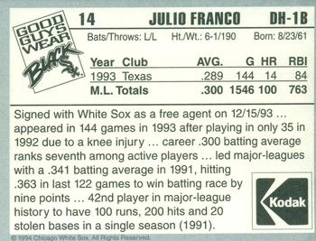1994 Kodak Chicago White Sox #NNO Julio Franco Back