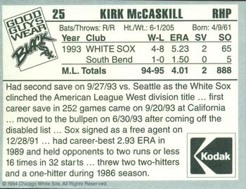 1994 Kodak Chicago White Sox #NNO Kirk McCaskill Back