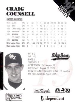 1997 Colorado Springs Sky Sox #3 Craig Counsell Back