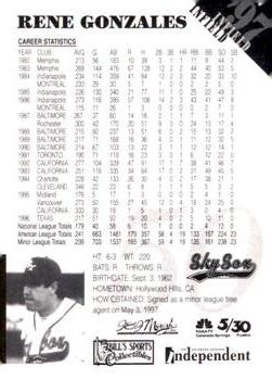 1997 Colorado Springs Sky Sox #7 Rene Gonzales Back