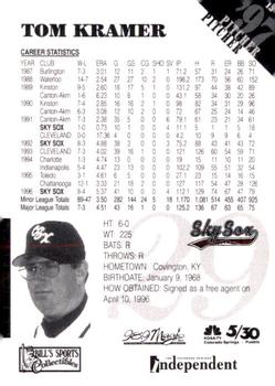 1997 Colorado Springs Sky Sox #13 Tom Kramer Back