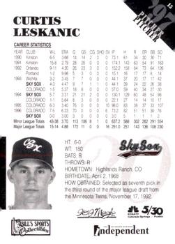 1997 Colorado Springs Sky Sox #15 Curtis Leskanic Back