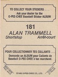 1982 O-Pee-Chee Stickers #181 Alan Trammell Back