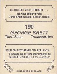 1982 O-Pee-Chee Stickers #190 George Brett Back