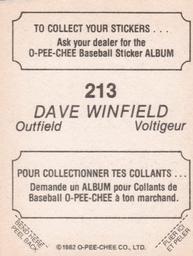 1982 O-Pee-Chee Stickers #213 Dave Winfield Back