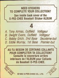 1982 O-Pee-Chee Stickers #4 Tony Armas / Dwight Evans / Bobby Grich / Eddie Murray Back