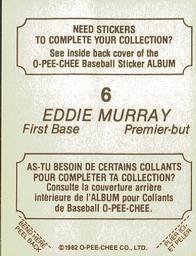 1982 O-Pee-Chee Stickers #6 Eddie Murray Back