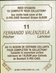 1982 O-Pee-Chee Stickers #11 Fernando Valenzuela Back
