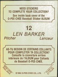 1982 O-Pee-Chee Stickers #12 Len Barker Back