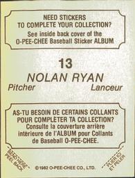 1982 O-Pee-Chee Stickers #13 Nolan Ryan Back