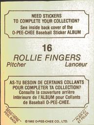 1982 O-Pee-Chee Stickers #16 Rollie Fingers Back
