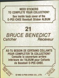 1982 O-Pee-Chee Stickers #21 Bruce Benedict Back
