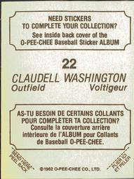 1982 O-Pee-Chee Stickers #22 Claudell Washington Back