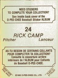 1982 O-Pee-Chee Stickers #24 Rick Camp Back