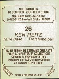 1982 O-Pee-Chee Stickers #26 Ken Reitz Back