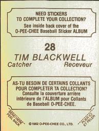 1982 O-Pee-Chee Stickers #28 Tim Blackwell Back